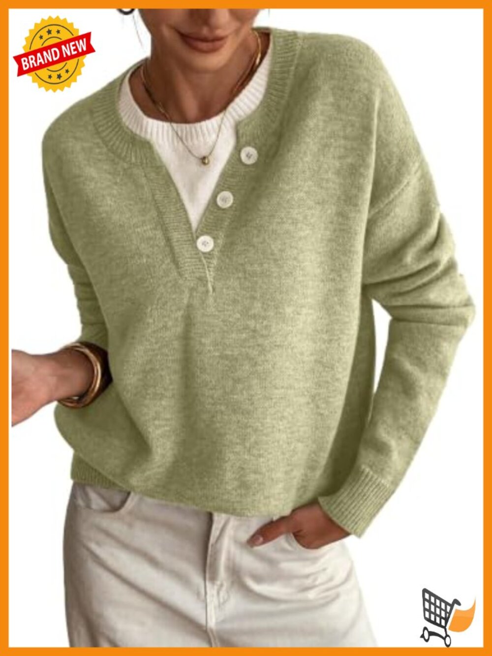 Women's Long Sleeve Knit Pullover Sweater Wool Blend V-Neck Button